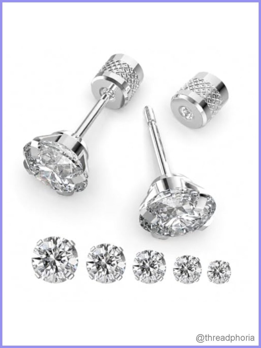 Surgical Stainless Steel Cubic Zirconia Stud Earrings Push-In Flat Back